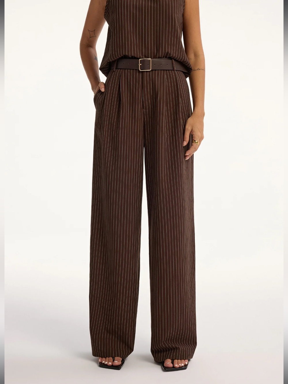 Commense Brown Pinstripe Top & Pants Set S | Office Siren Tailored Set - Picture 5 of 9
